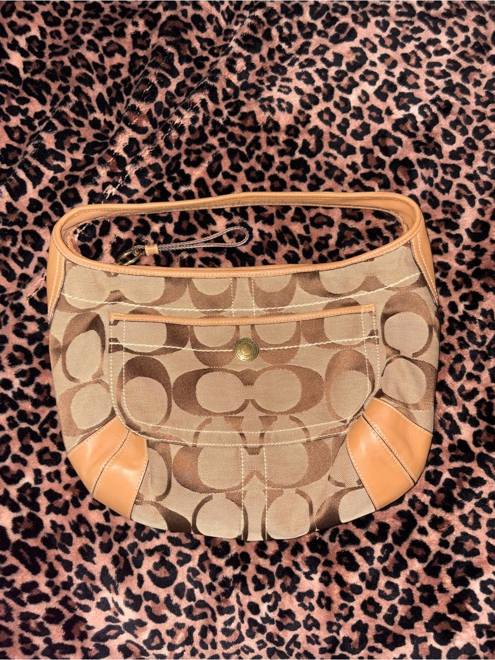 Coach Tan Signature Canvas Shoulder Bag with Leather Trim